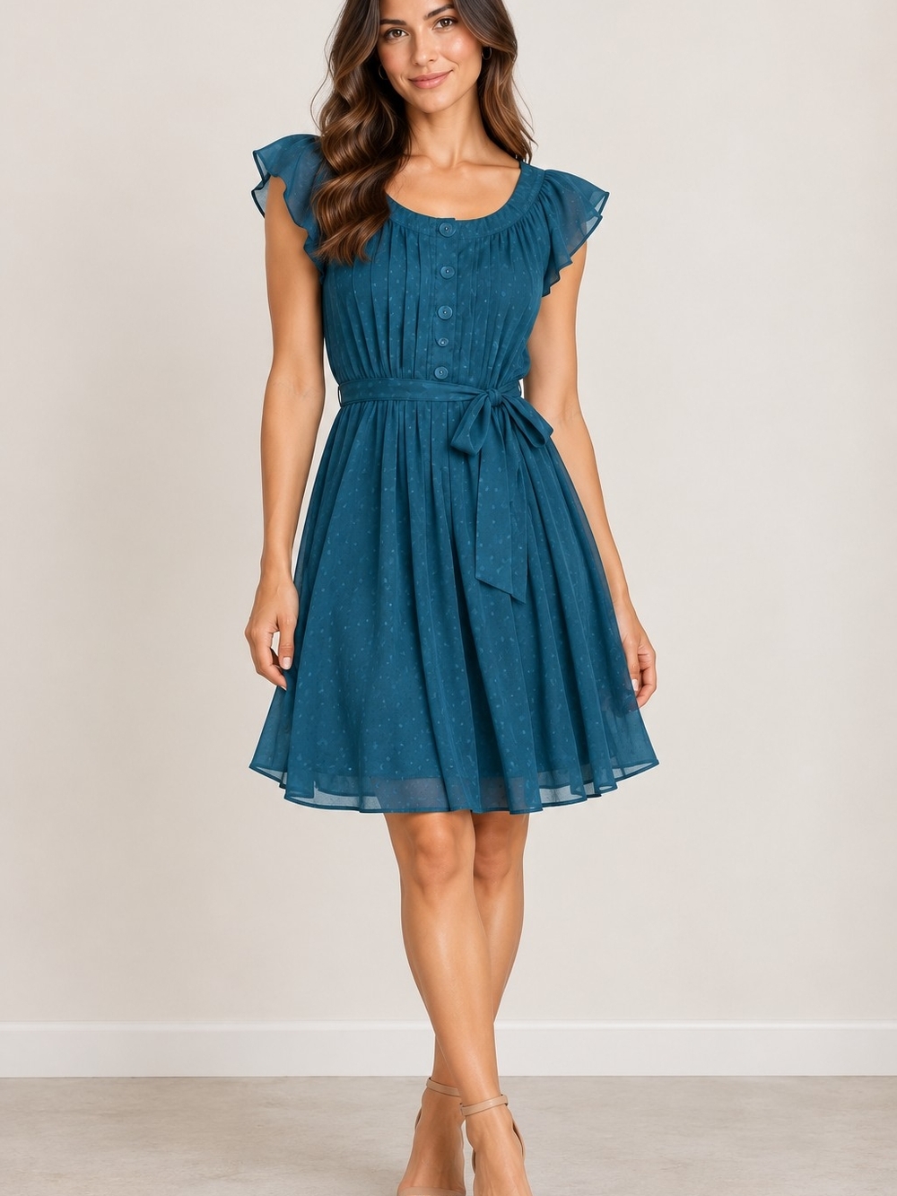 Banana Republic 100% Silk Teal Blue Dress Size Small Flutter Sleeve Belted